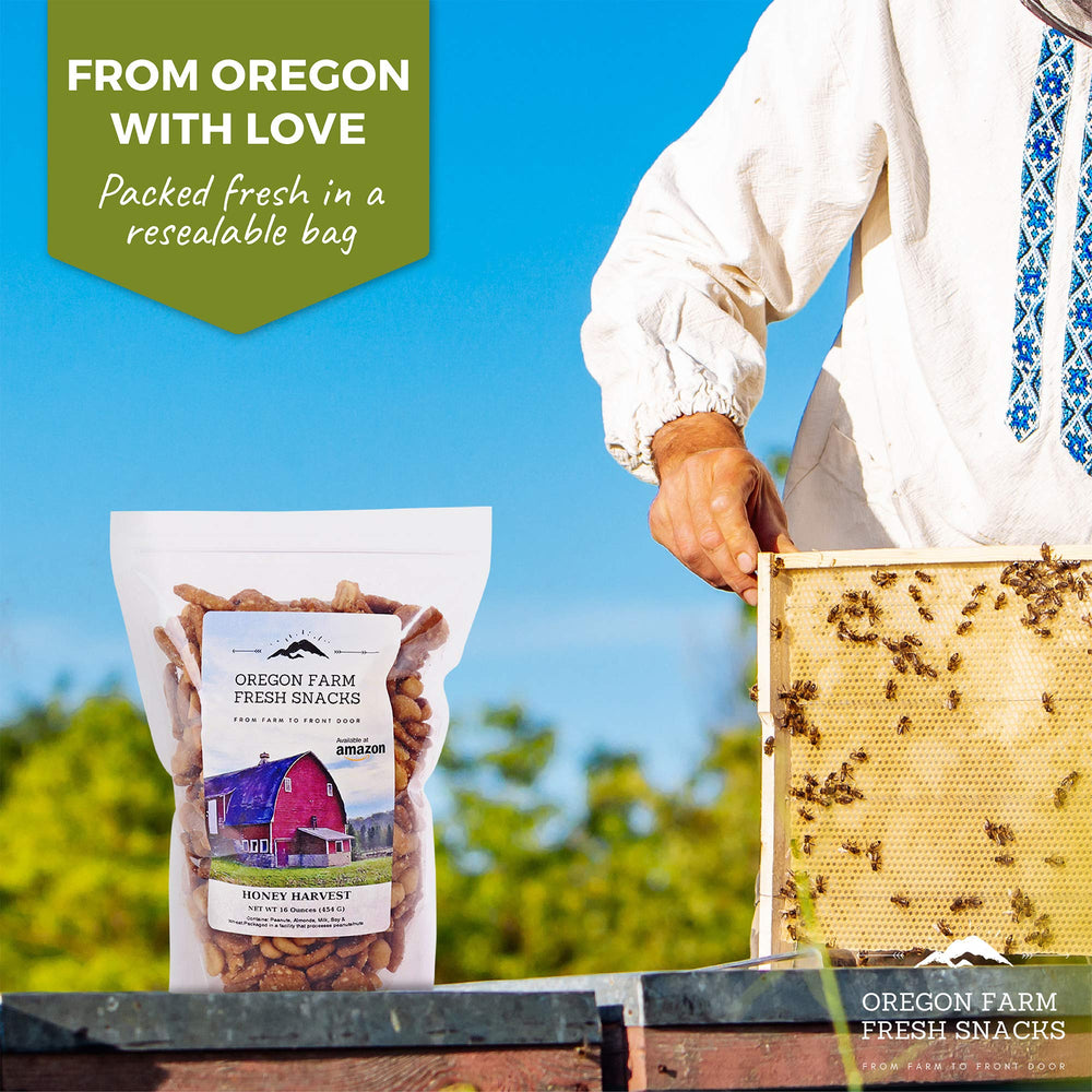 OREGON FARM FRESH SNACKS bolsa junto a manos para comparar tamaño