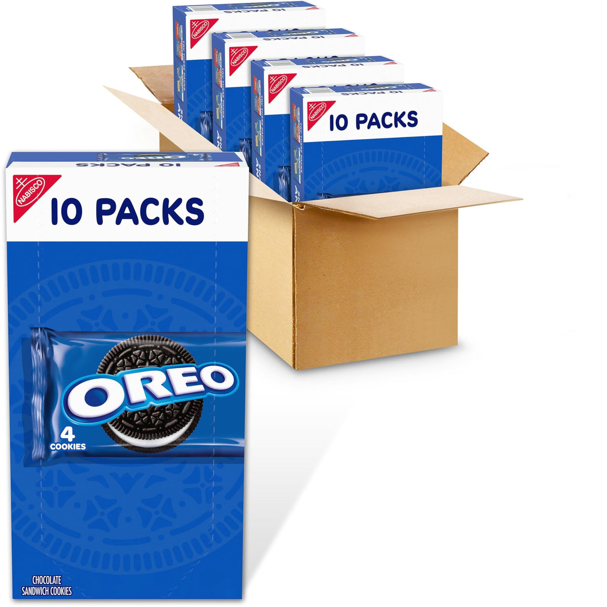 OREO frente de caja mostrando cuatro cajas y conveniencia para compartir