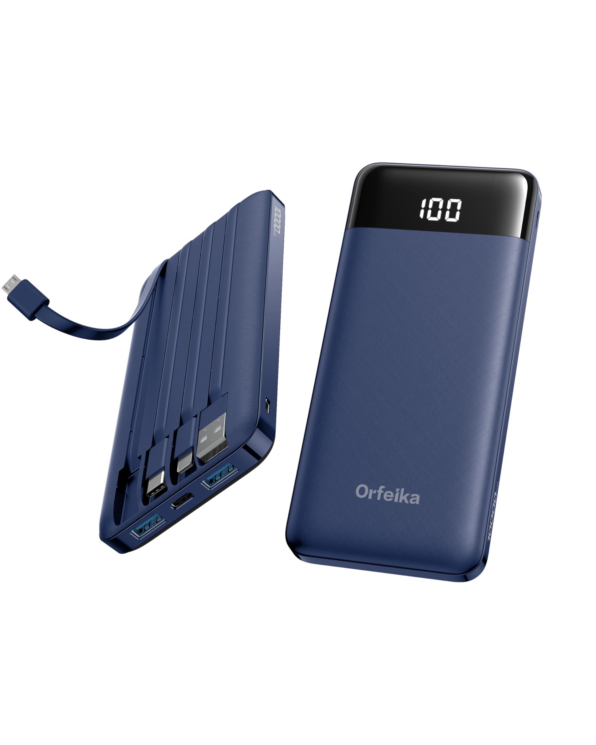 Orfeika vista frontal del power bank mostrando diseño compacto y marca