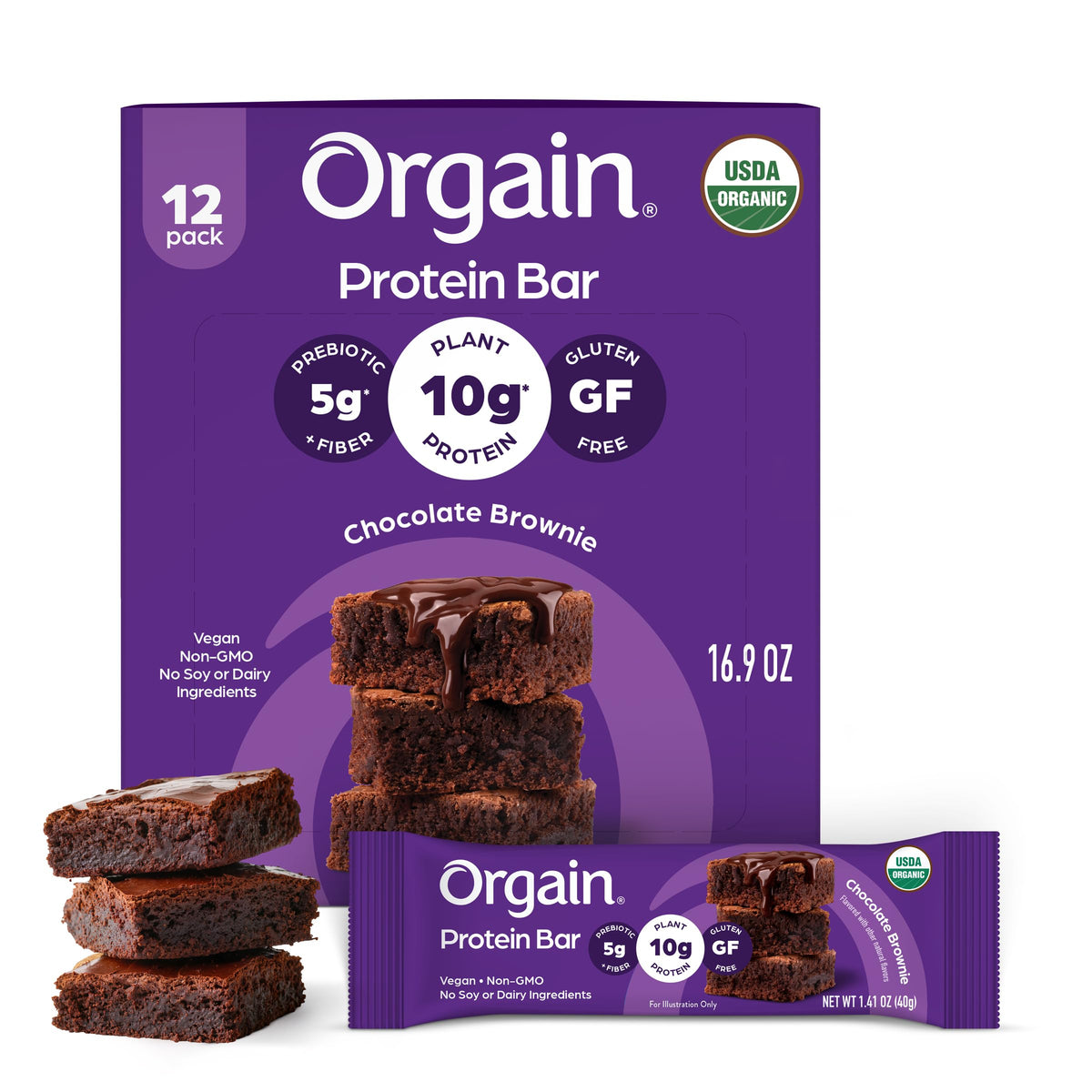 Orgain empaque frontal chocolate brownie mostrando beneficios orgánicos