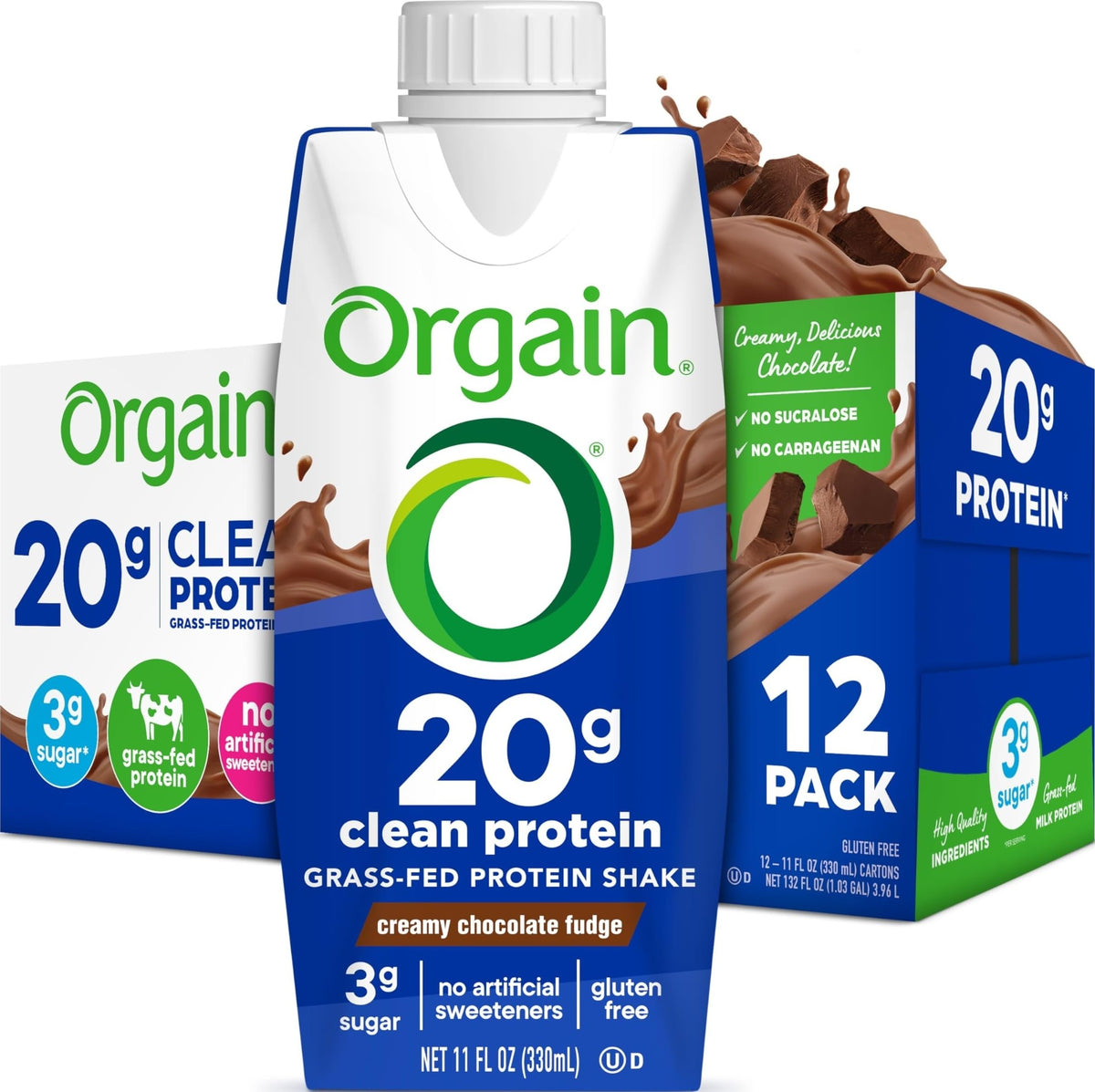 Orgain batido chocolate frente mostrando etiqueta y beneficio de proteína grass fed