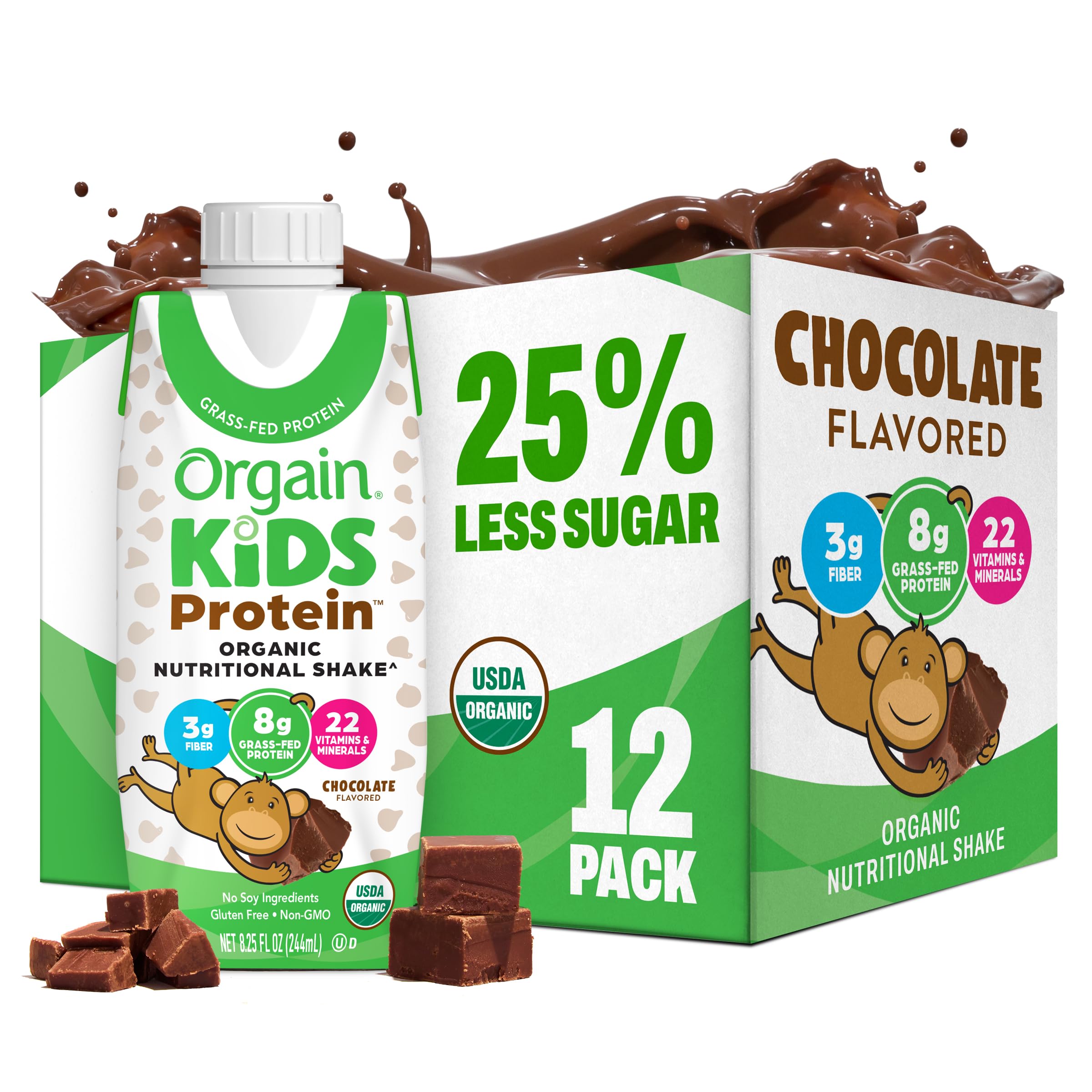 Orgain batido chocolate frontal mostrando el envase y sabor cremoso