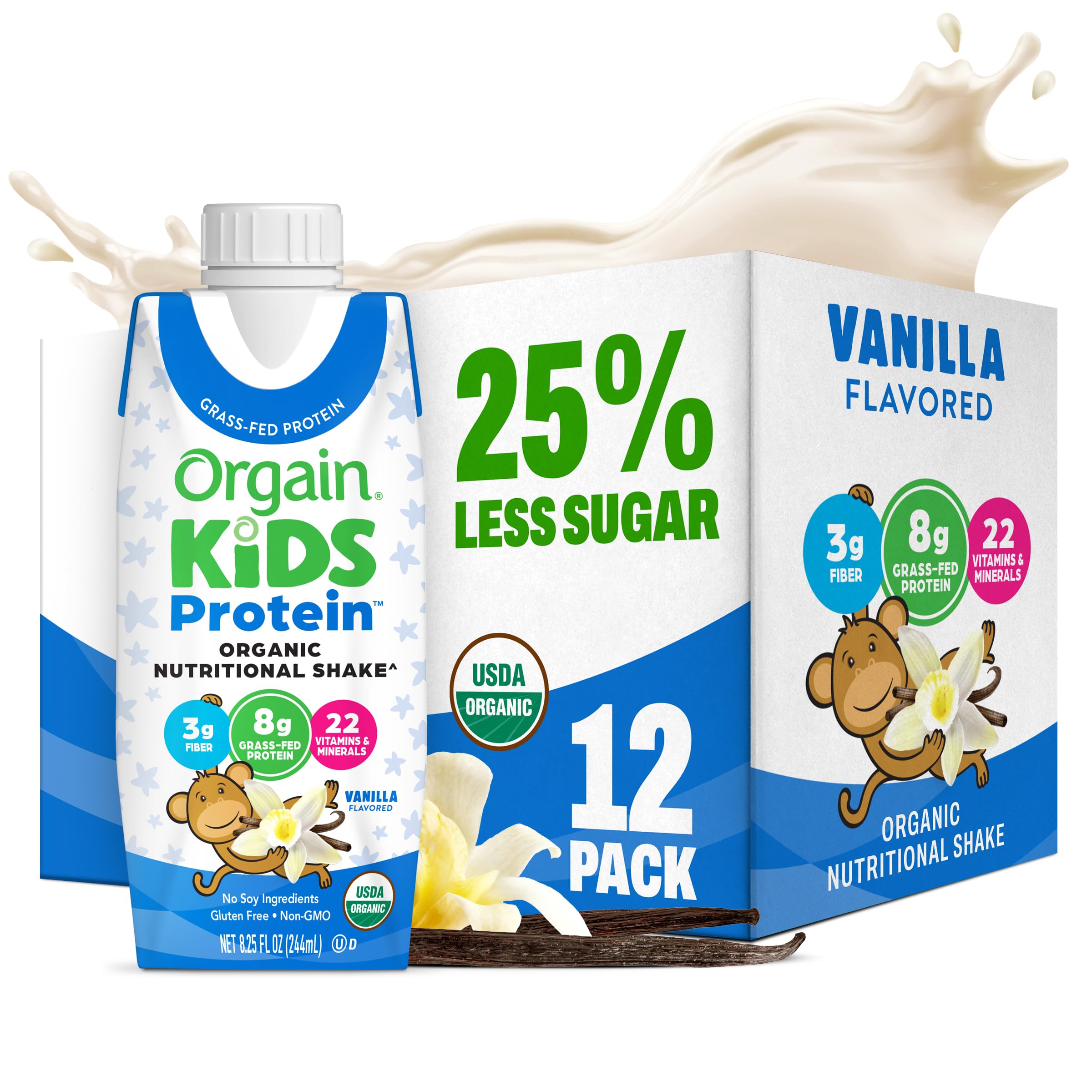 Orgain batido vainilla frente del envase mostrando la marca y ventaja nutritiva