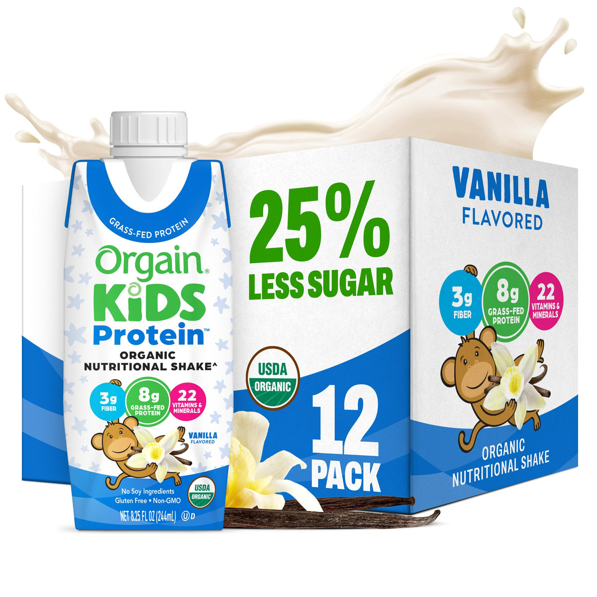 Orgain batido vainilla frente del envase mostrando la marca y ventaja nutritiva