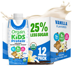 Orgain batido vainilla frente del envase mostrando la marca y ventaja nutritiva