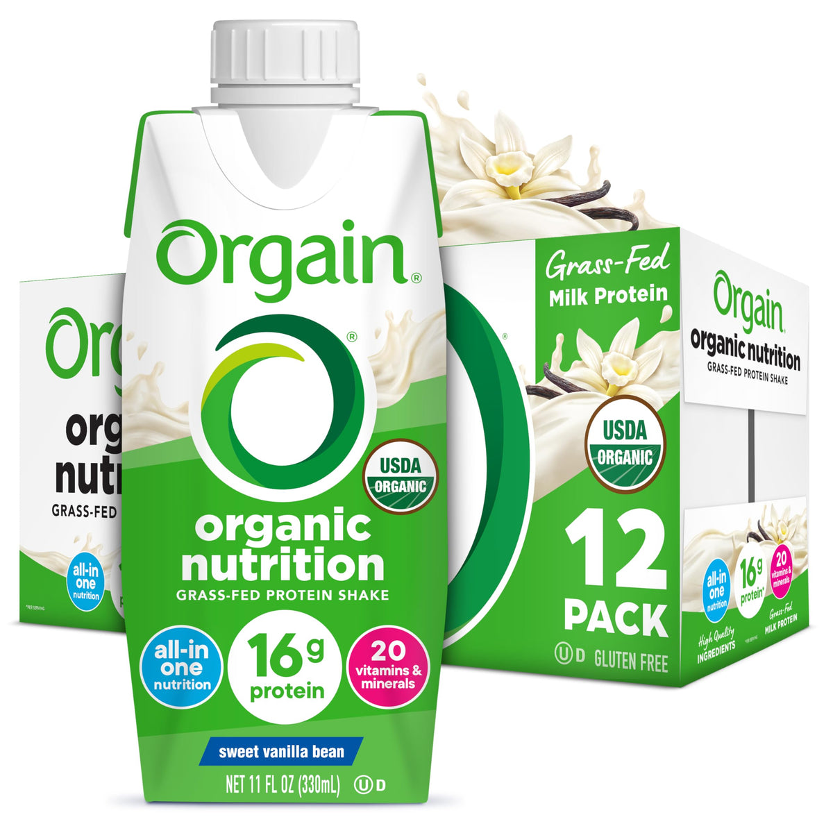 Orgain batido vainilla frente mostrando envase y beneficio práctico