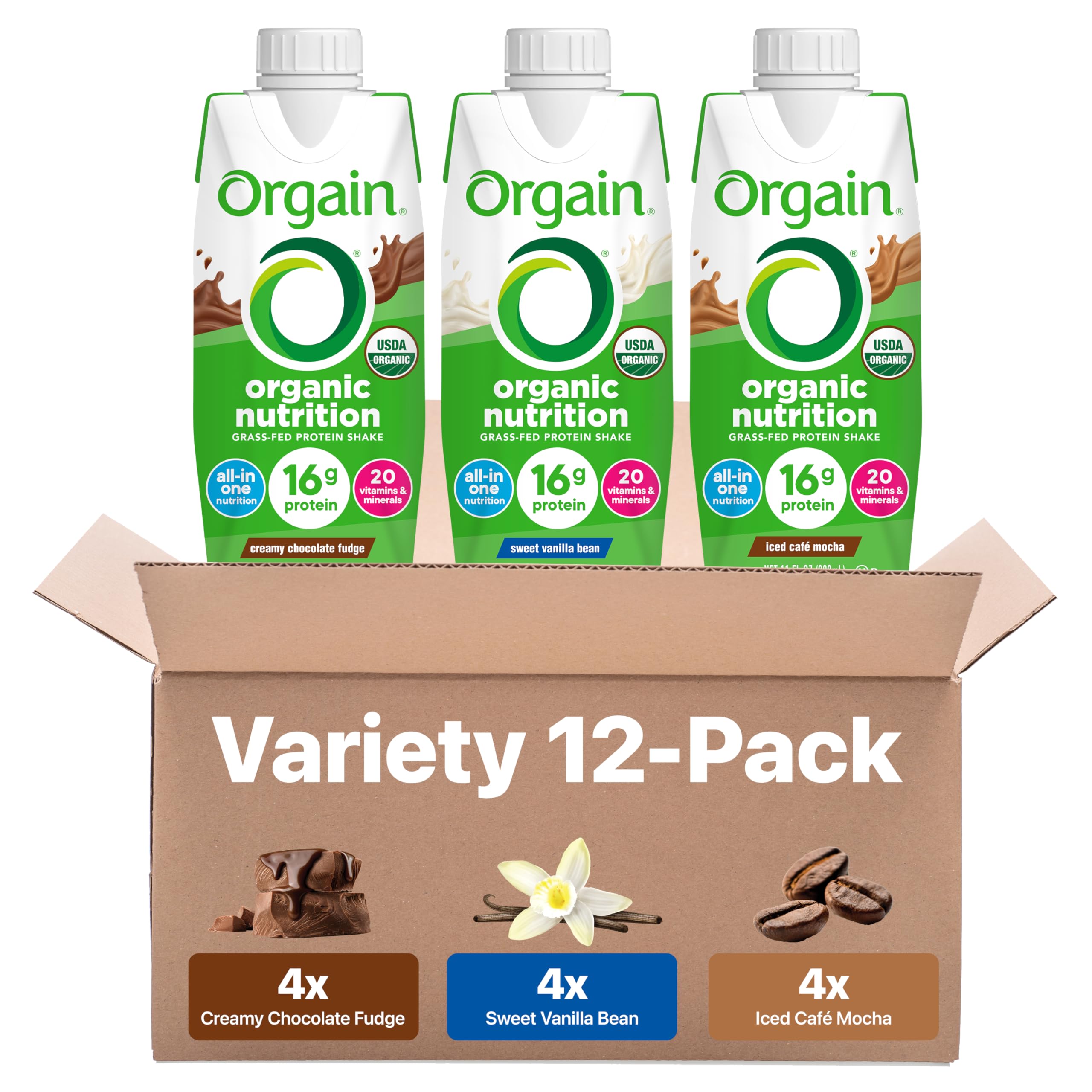 Orgain botella frontal del pack 12, muestra presentación lista para tomar