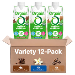Orgain botella frontal del pack 12, muestra presentación lista para tomar
