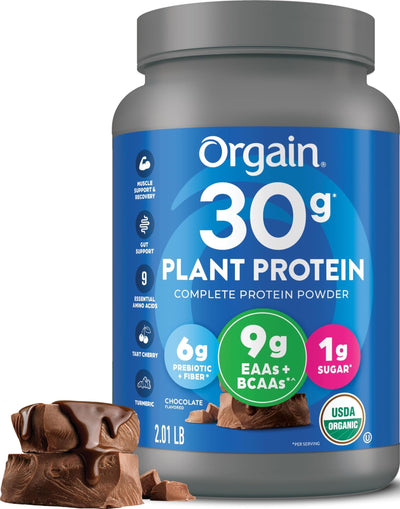 Orgain front packaging showing chocolate flavor and benefits