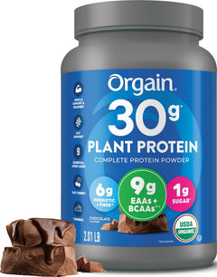 Orgain front packaging showing chocolate flavor and benefits