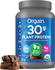 Orgain front packaging showing chocolate flavor and benefits