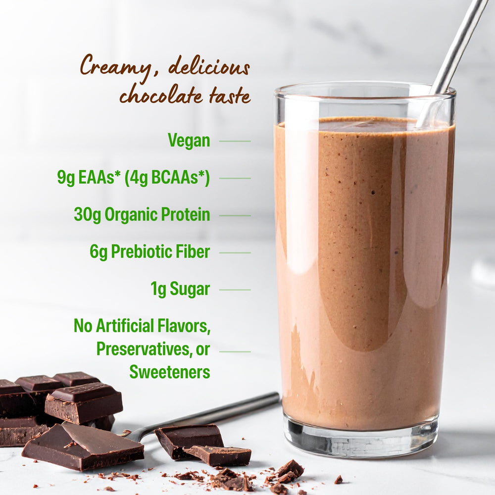 Orgain chocolate protein mixed shake poured into glass for recovery