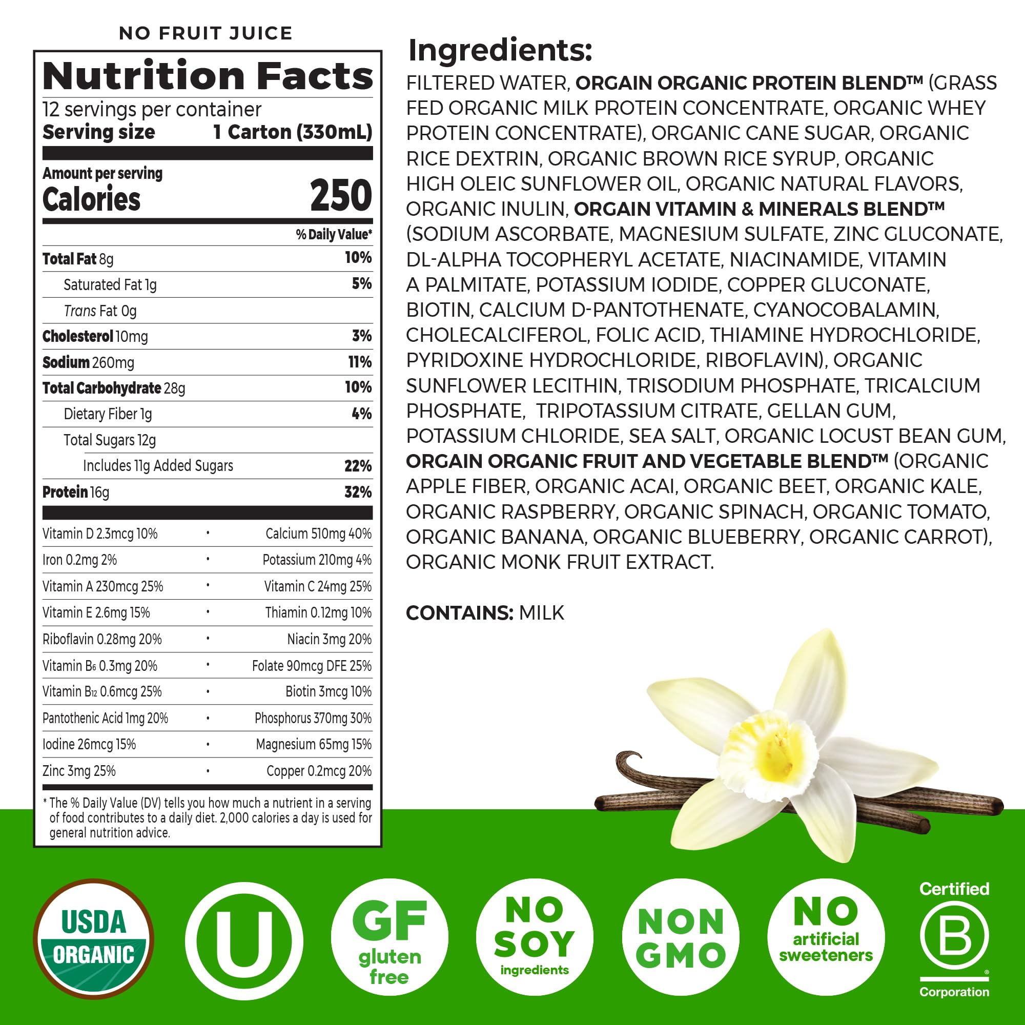 Orgain etiqueta de ingredientes detallada con beneficios orgánicos claros