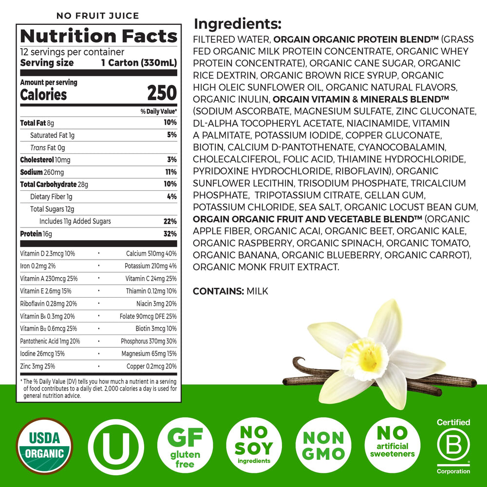 Orgain etiqueta de ingredientes detallada con beneficios orgánicos claros