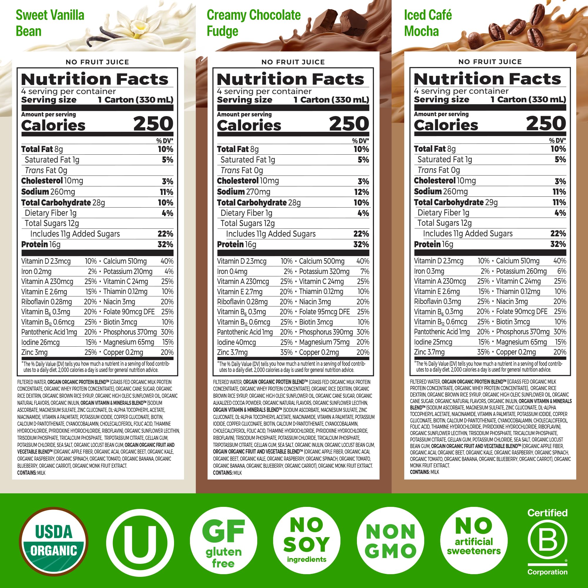 Orgain primer plano de la etiqueta con ingredientes y certificación orgánica