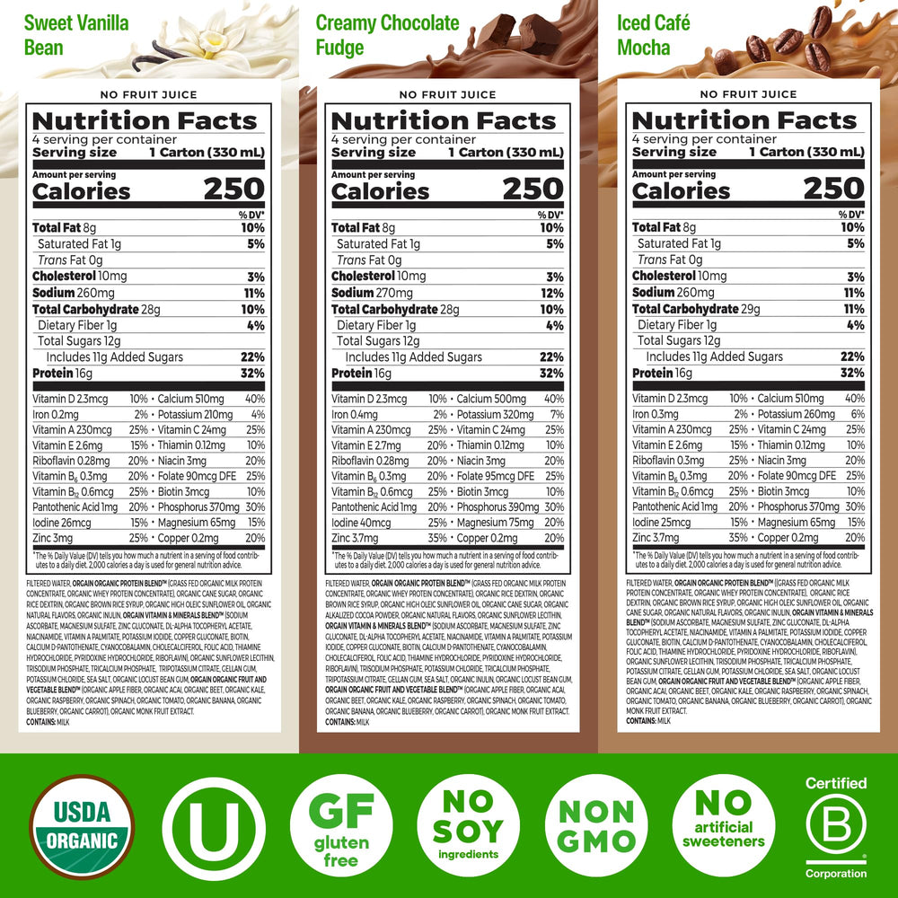 Orgain primer plano de la etiqueta con ingredientes y certificación orgánica
