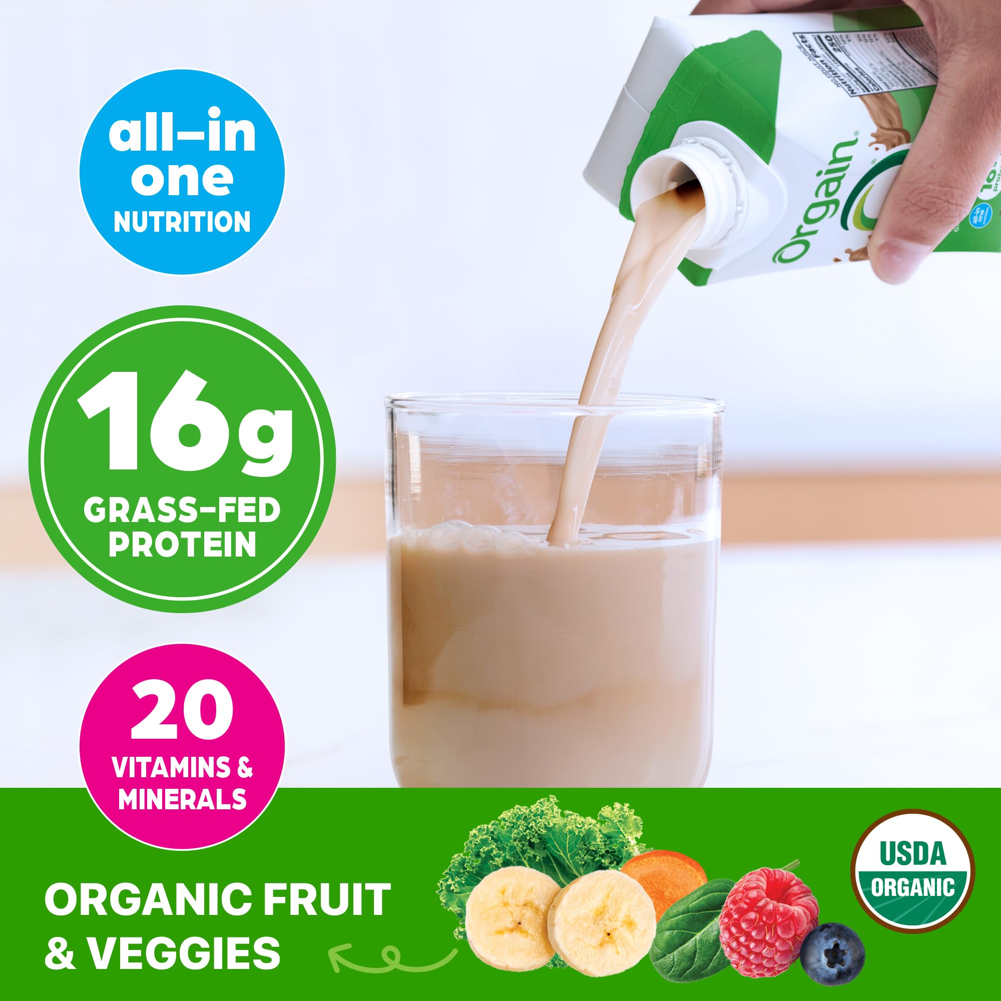 Orgain detalle de la etiqueta con ingredientes y beneficios claros