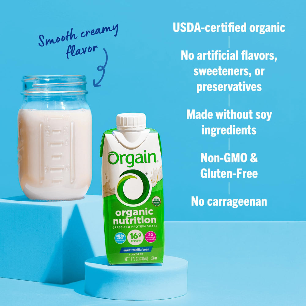 Orgain batido en desayuno estilo de vida mostrando energía y practicidad