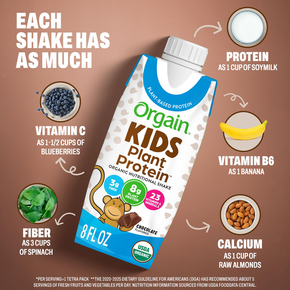 Orgain etiqueta nutricional destacando 8 g proteína y 23 vitaminas
