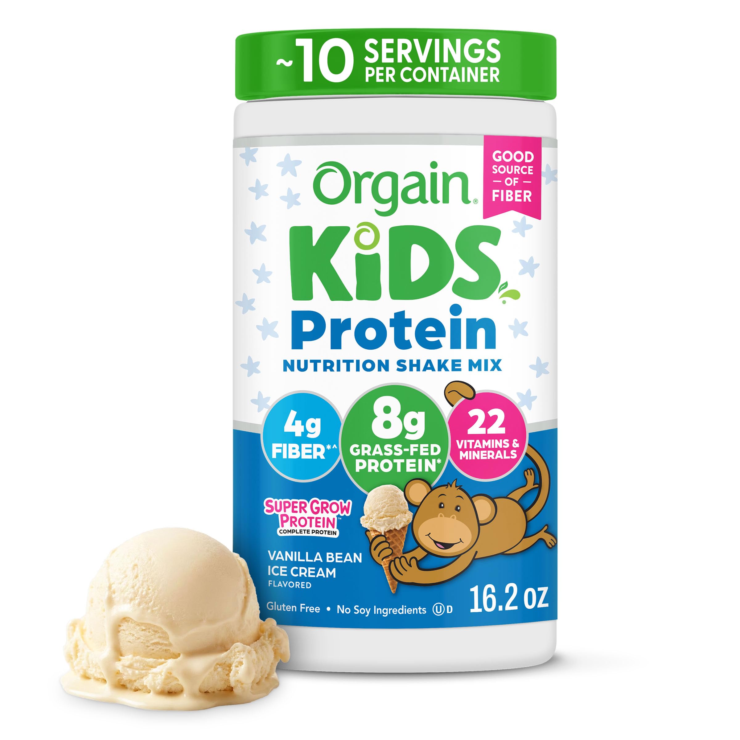Orgain envase frontal mostrando sabor vainilla y beneficios nutricionales