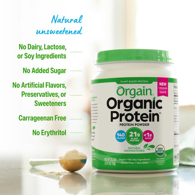 Orgain nutrition label and USDA Organic badge showing certified clean ingredients