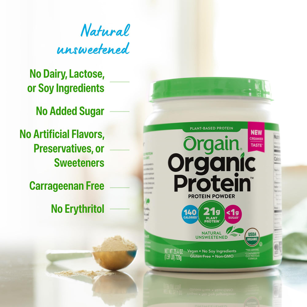 Orgain nutrition label and USDA Organic badge showing certified clean ingredients
