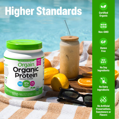 Orgain powder beside peas brown rice and chia highlighting plant protein sources