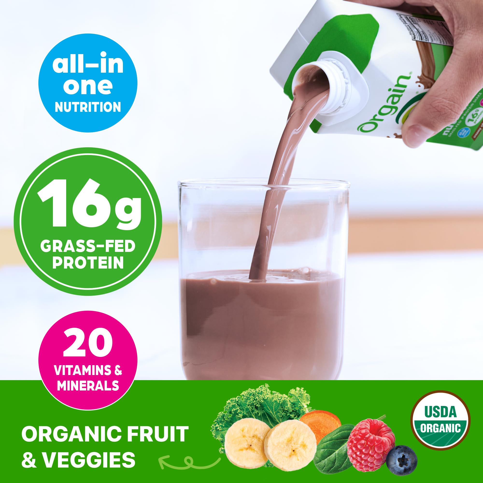 Orgain producto en mano para comparar tamaño y porción portátil