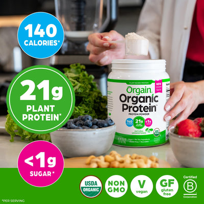 Orgain serving scoop beside fruit showing serving size and portion convenience