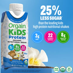 Orgain batido vertiéndose para mostrar textura cremosa y fácil ingestión