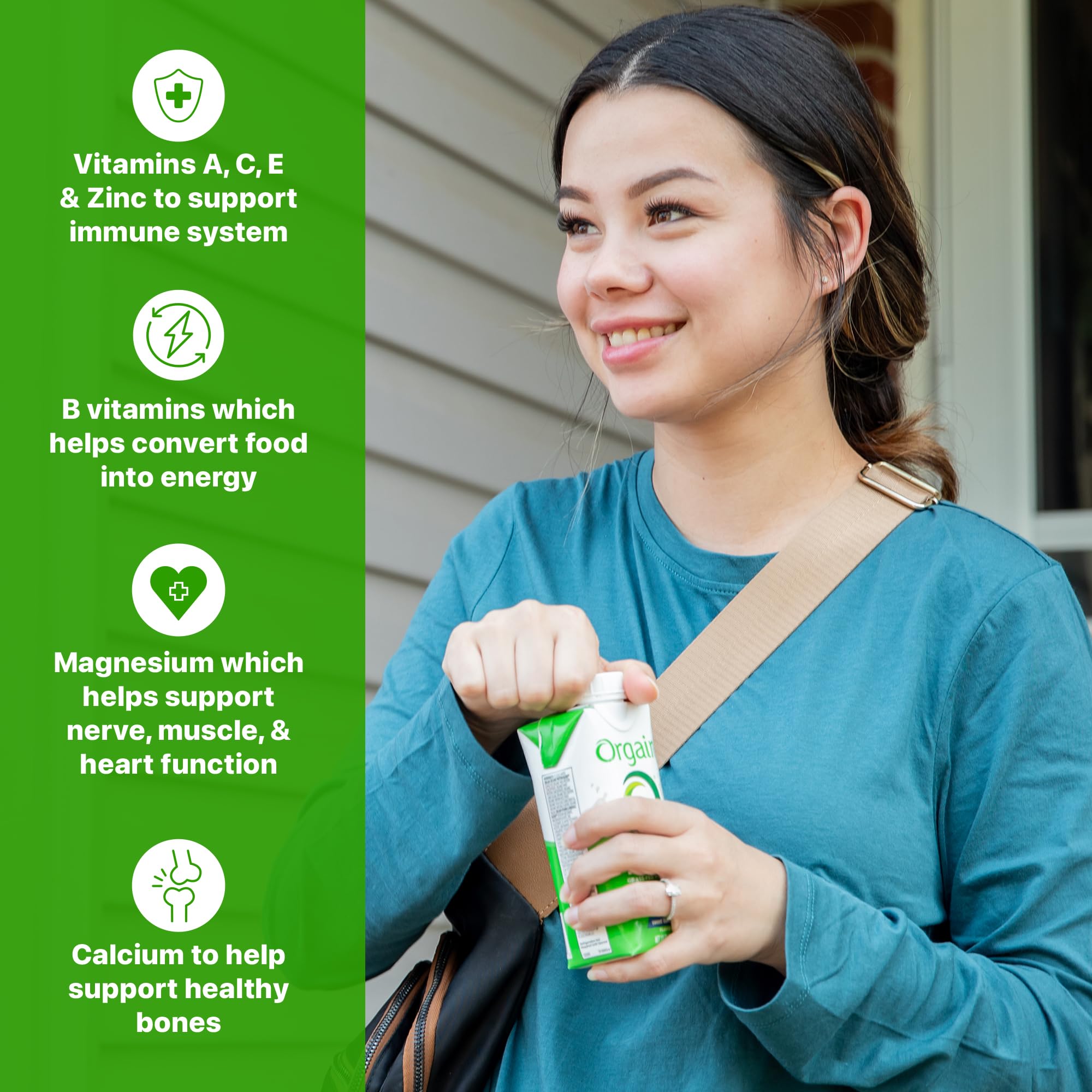 Orgain botella en mano durante desplazamiento, nutrición portátil al instante