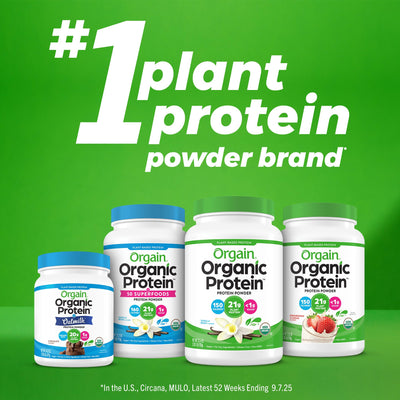 Orgain etiqueta nutricional visible, información de proteína y fibra