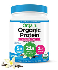Orgain frasco frontal mostrando sello orgánico y proteína 21g