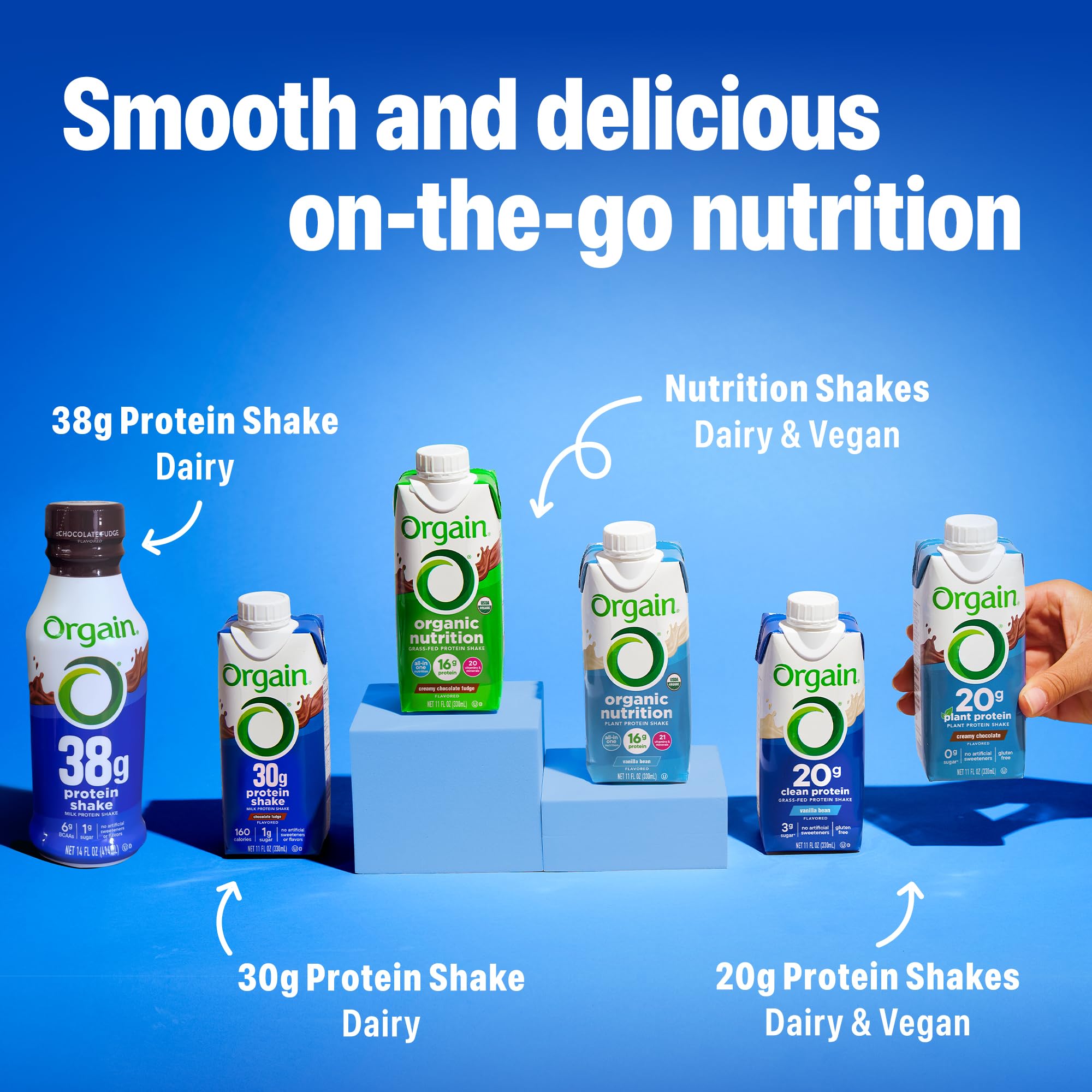 Orgain etiqueta nutricional destacando 130 calorías y 20 g proteína