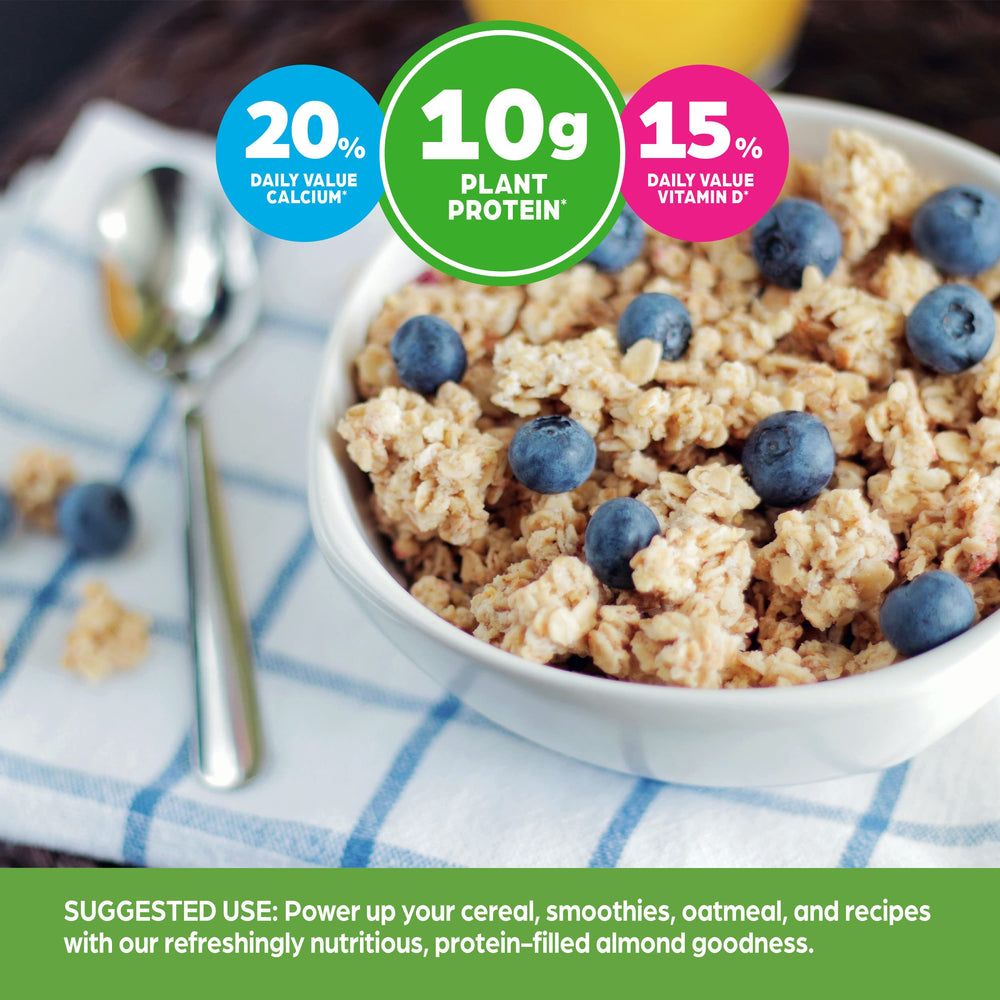 Orgain vaso servido en desayuno con cereal, beneficio aporte proteico matutino