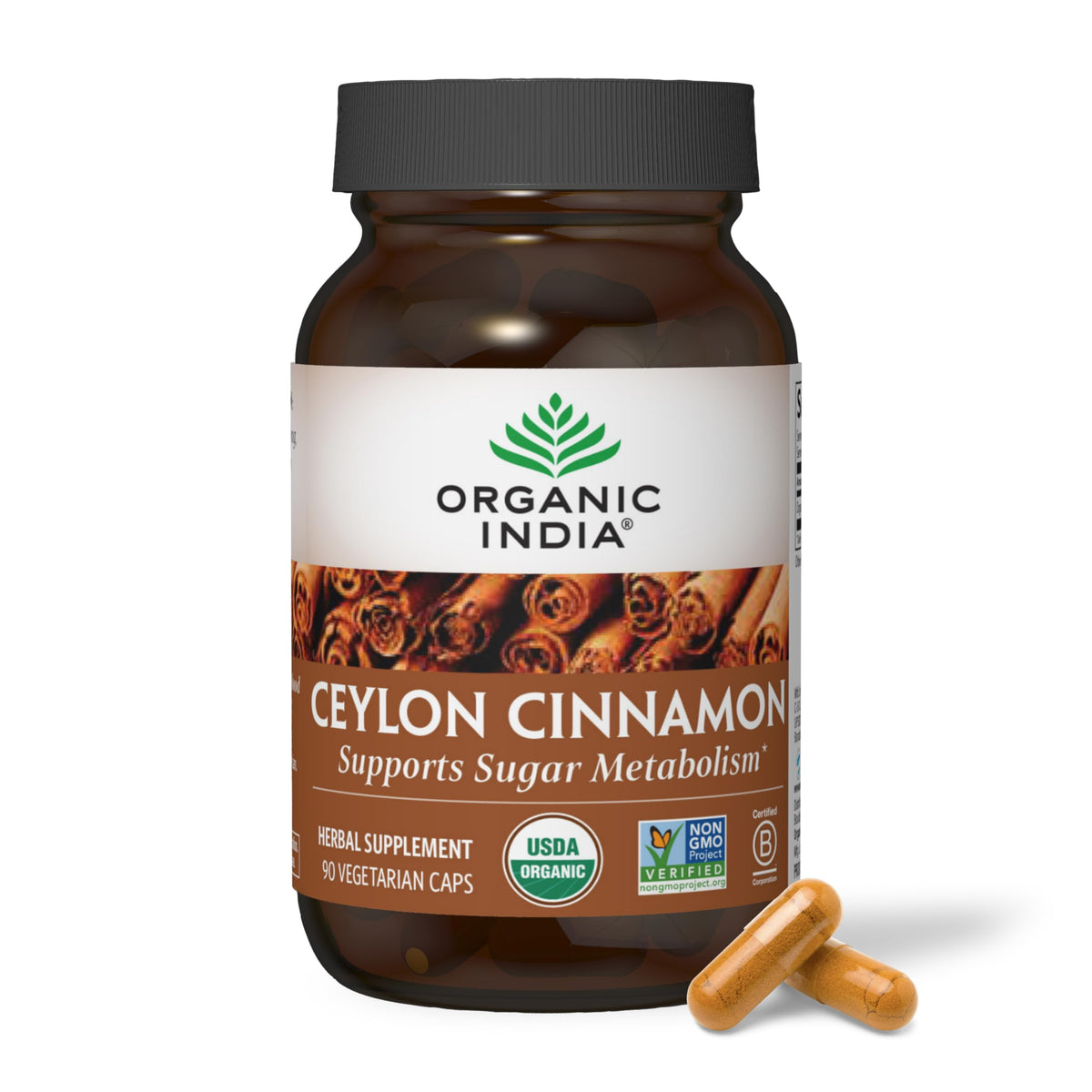 ORGANIC INDIA empaque frontal mostrando canela de Ceilán y beneficios