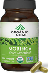 Organic India frasco frontal mostrando 90 cápsulas y diseño del producto