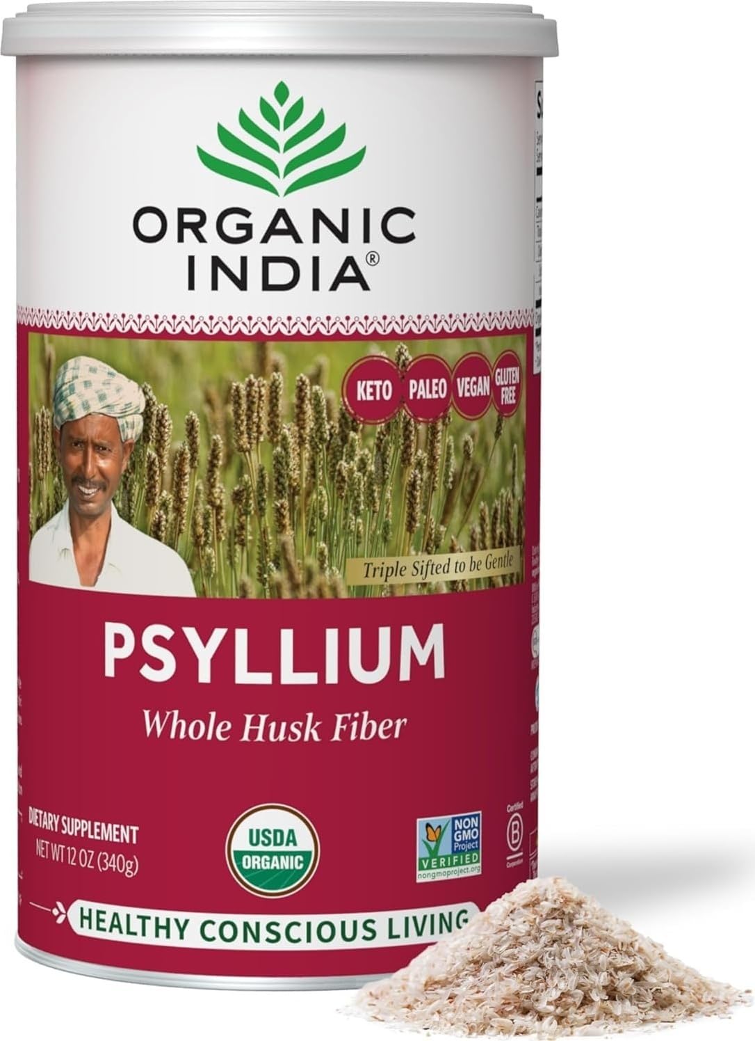 ORGANIC INDIA empaque frontal del psyllium mostrando tamaño y etiquetado orgánico