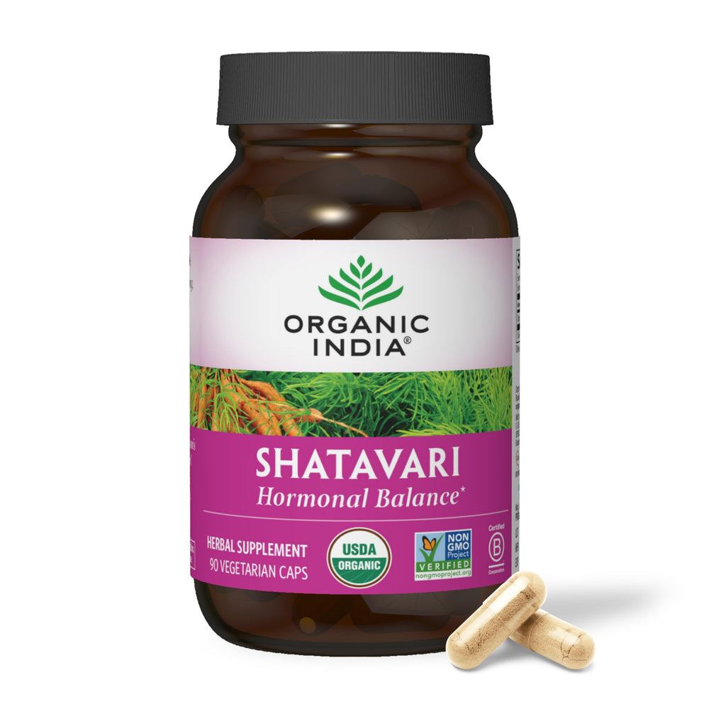 ORGANIC INDIA frasco frontal mostrando 90 cápsulas y marca