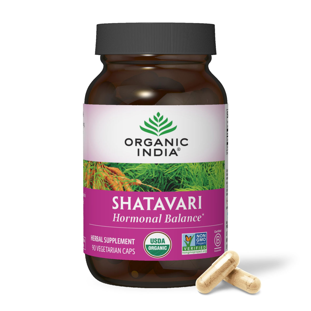 ORGANIC INDIA frasco frontal mostrando 90 cápsulas y marca