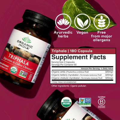 bottle label detail of ORGANIC INDIA Triphala, emphasizing organic sourcing and ingredients