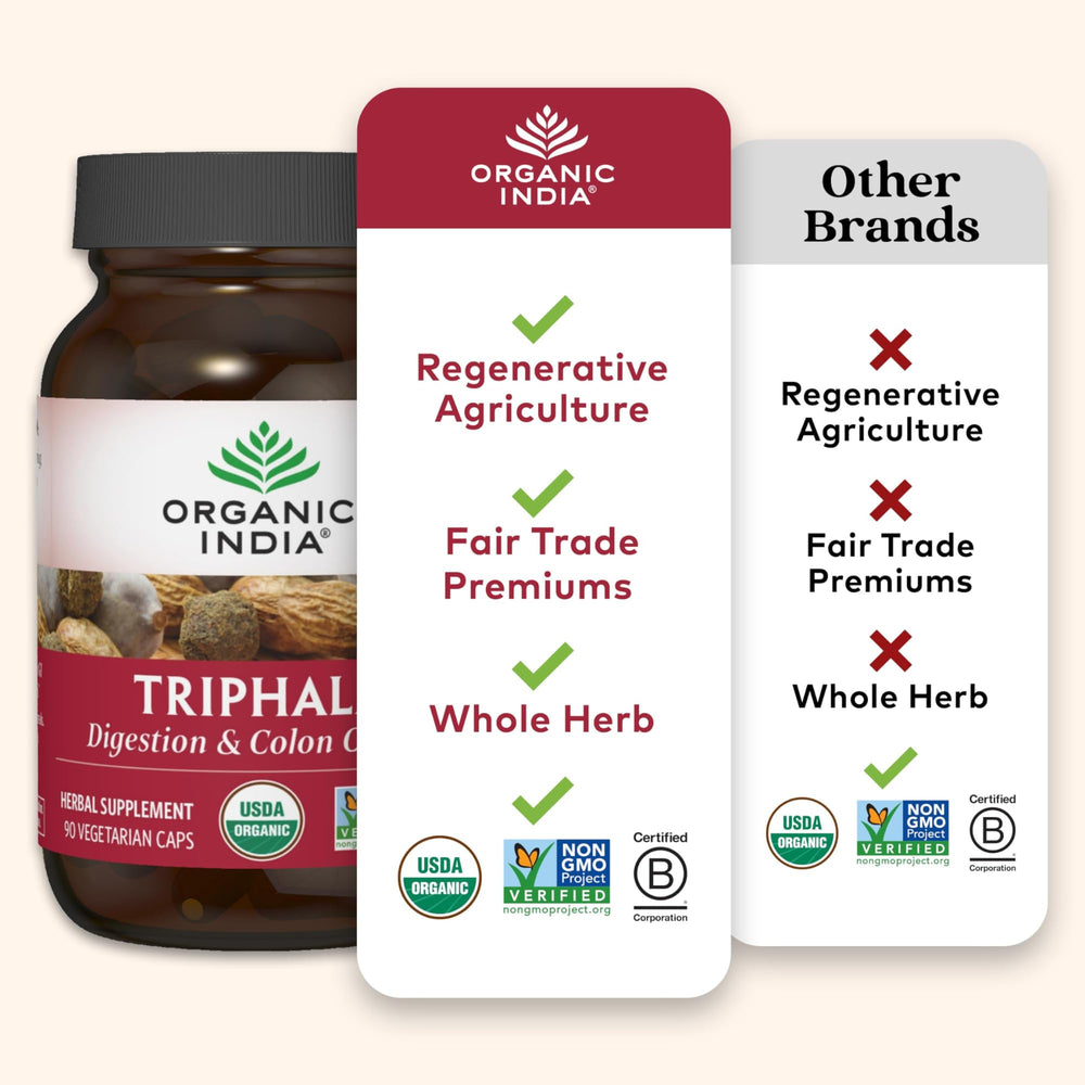 Etiqueta del producto ORGANIC INDIA con certificación LEED Platinum y orgánico