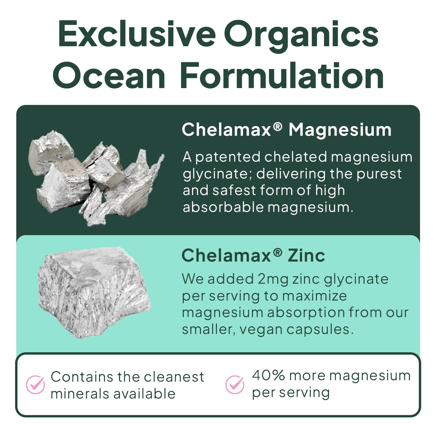 Etiqueta nutricional de Organics Ocean con información de magnesio y zinc claramente legible
