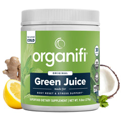 Organifi front packaging showing label and clean design, promoting convenience
