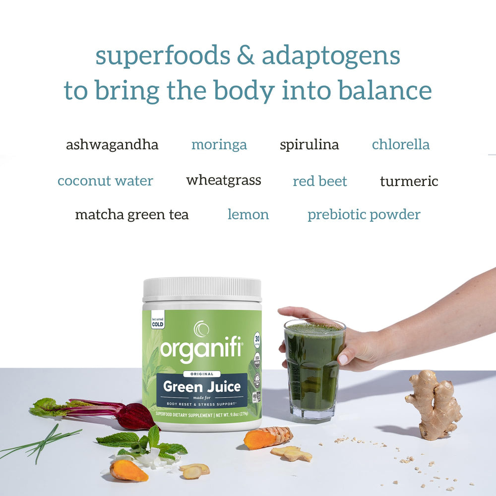 Organifi ingredients spoon featuring spirulina and chlorella for concentrated greens