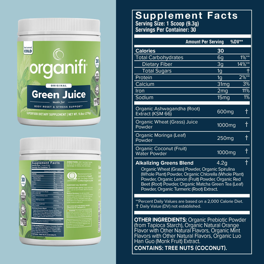 Organifi powder close-up texture highlighting fine grind for easy mixing