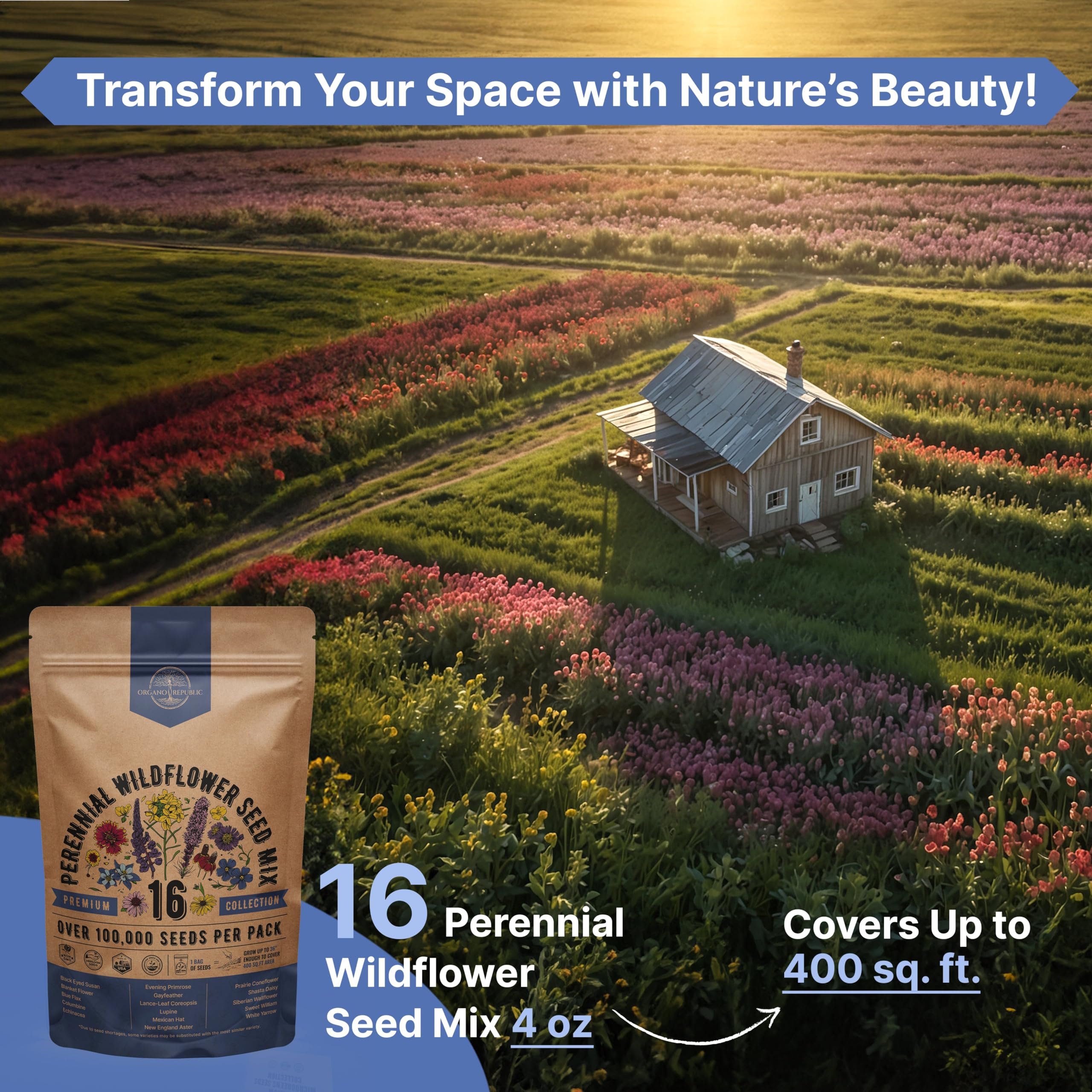 Organo Republic campo con flores, beneficio: atrae abejas y mariposas