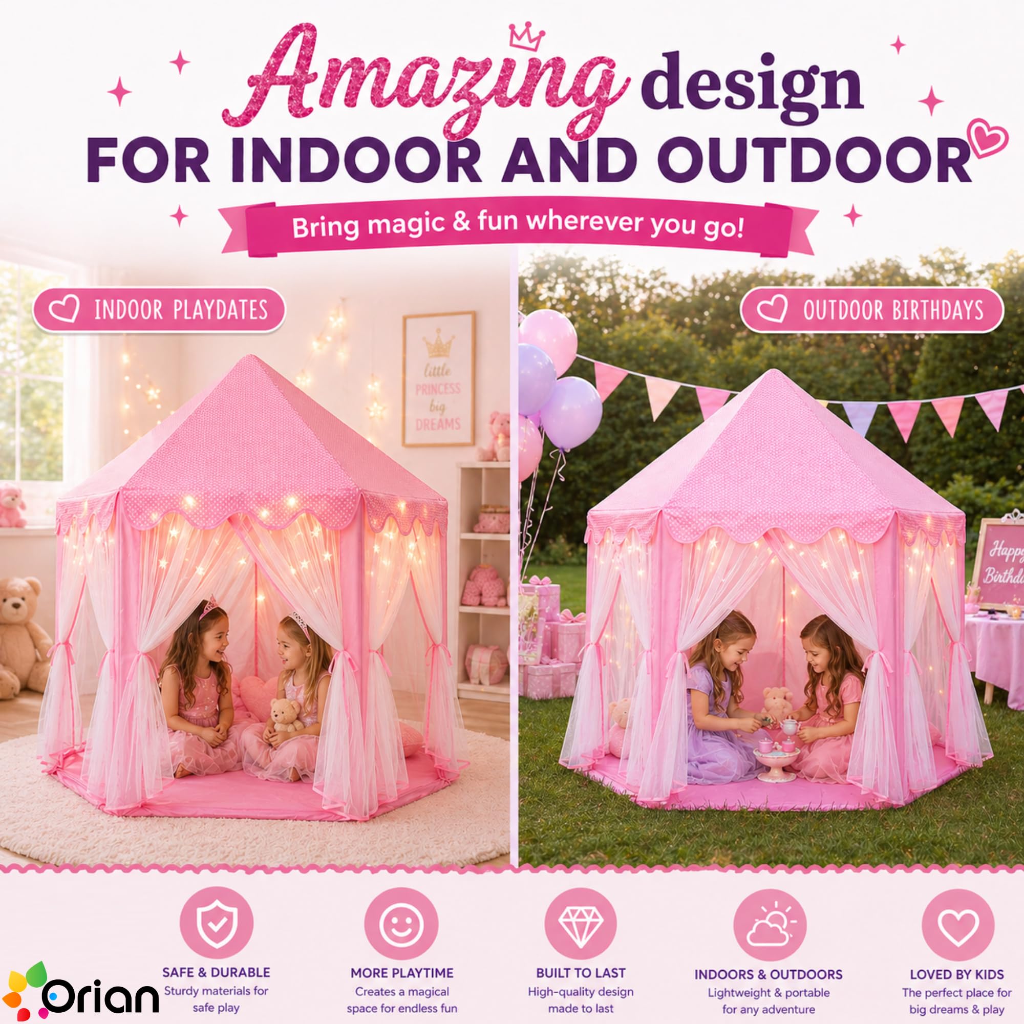ORIAN tienda instalada en jardín, opción para juego exterior supervisado