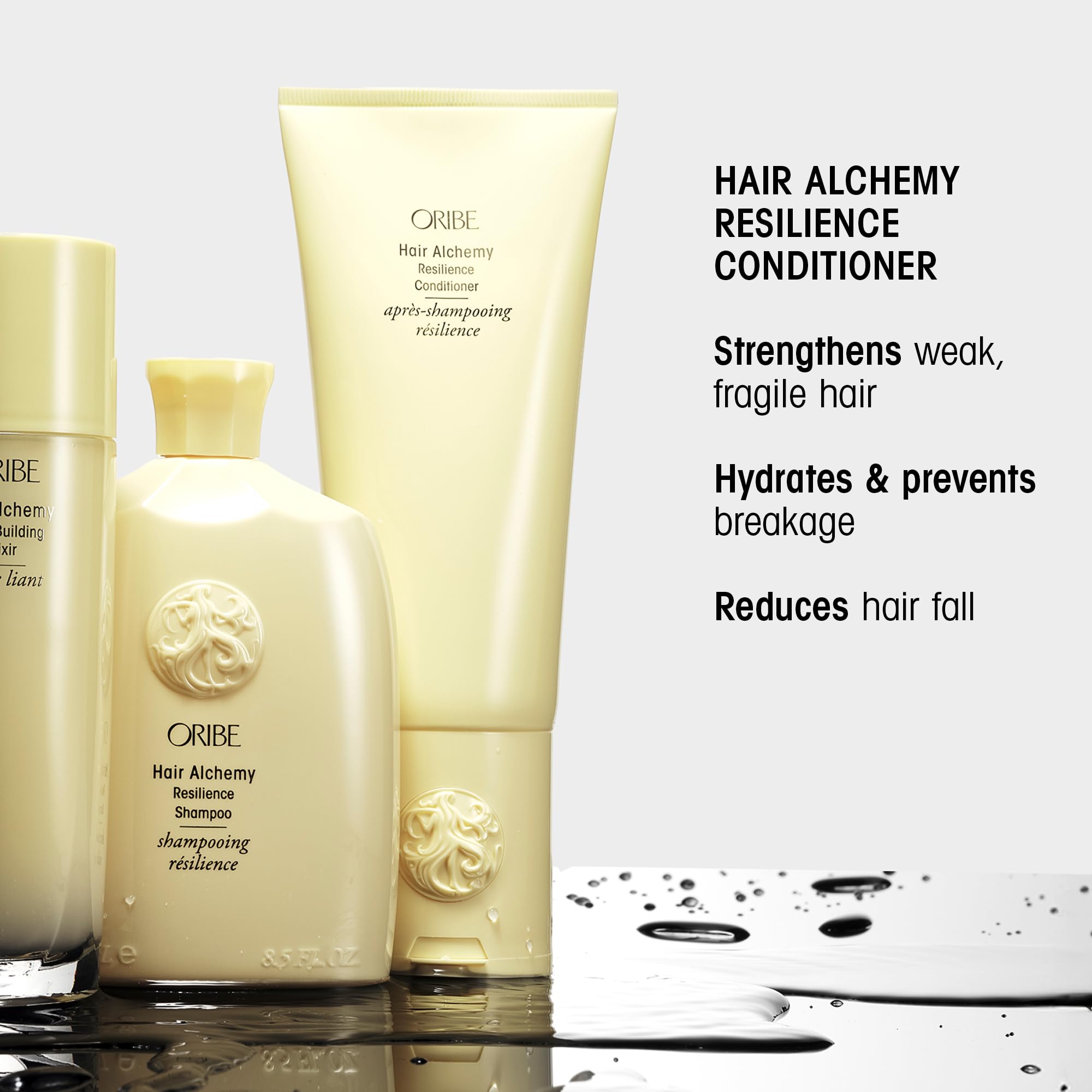 Oribe conditioner pouring from bottle showing easy dispensing and slip benefit
