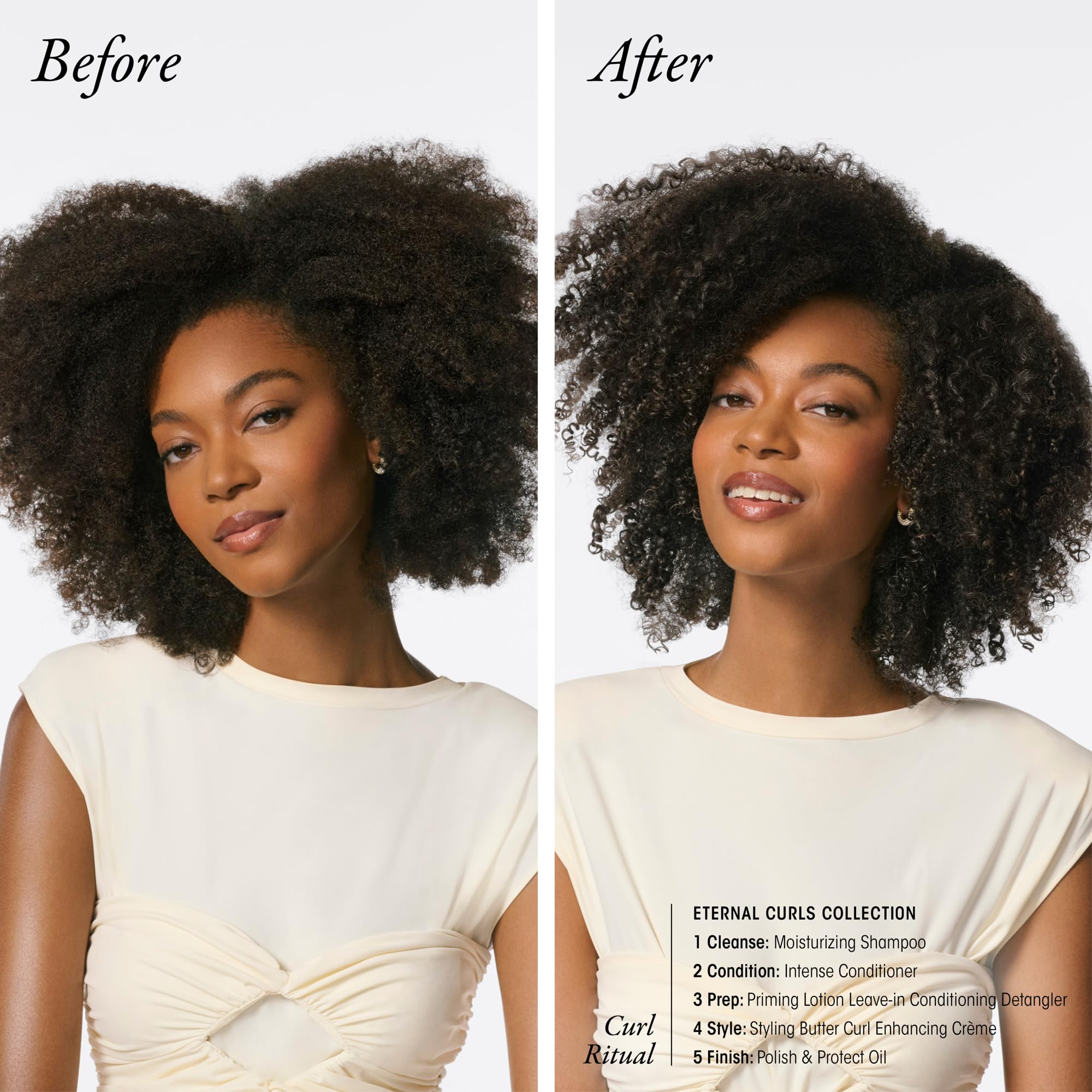 ORIBE model applying shampoo to curly hair showing improved manageability